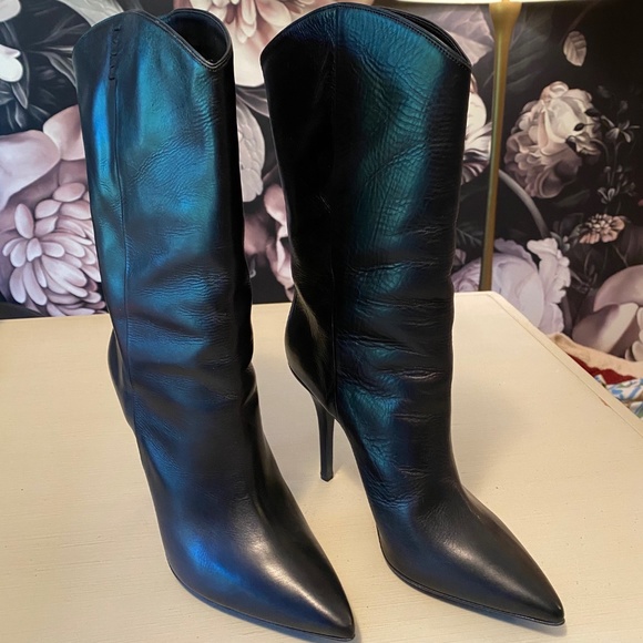 Lucchese Black Leather Half Calf Stiletto Boots - Picture 4 of 9